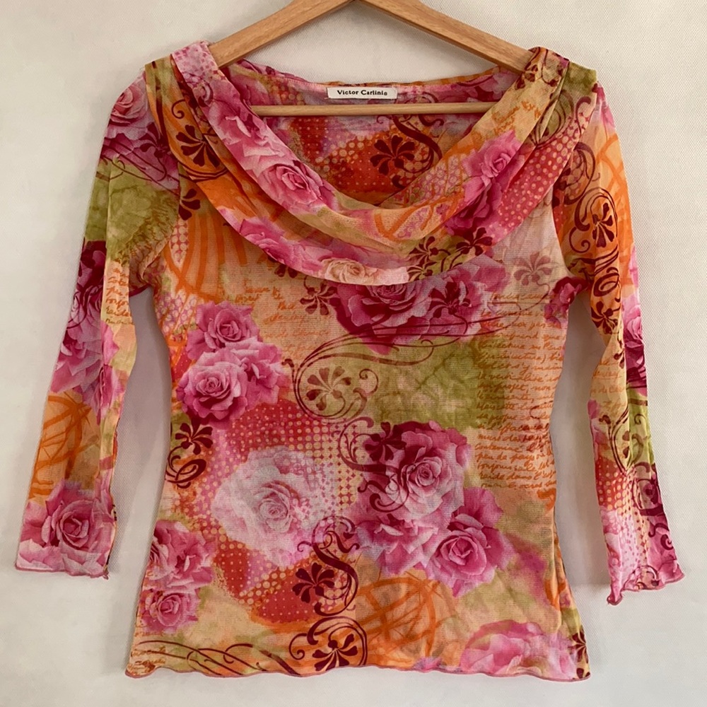Y2K Rose Print Mesh Blouse